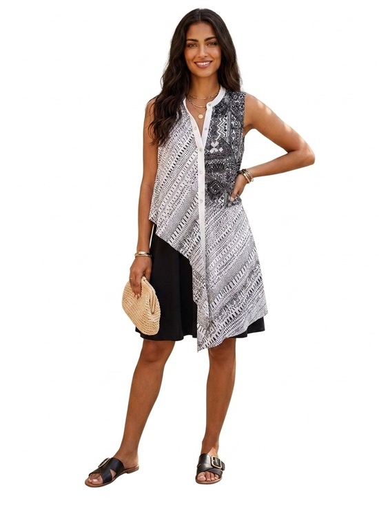 DKNYC Dresses & Skirts - DKNY Layered Sleeveless Midi Dress Black White Abstract Geo Print Asymmetric XL